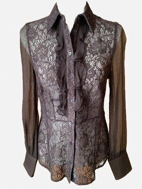 Karen Millen Brown Lace Ruffle Sheer Sleeve Button Front Blouse Size 10